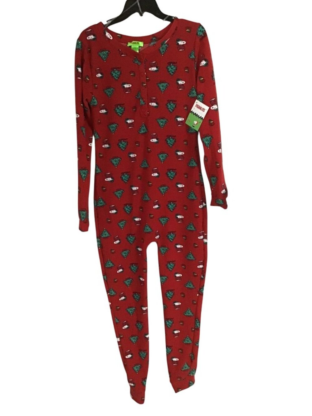 Peanuts Snoopy Adult L Christmas Red Long Sleeve Button-Up One Piece Pajama